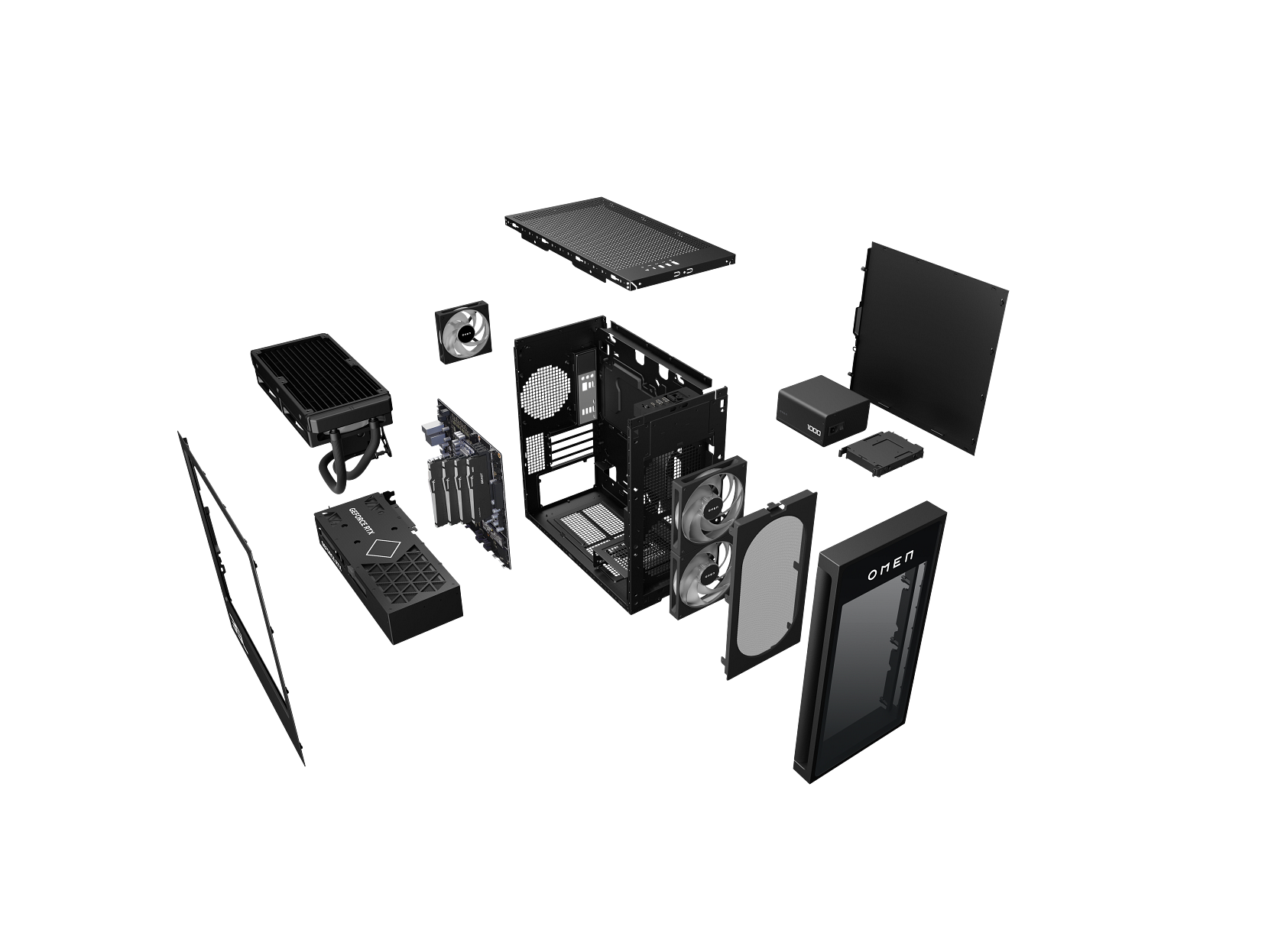 24C2_Omen_Snowball_35L_Glass_Arctic_LiquidCooling_RTX4090_4X8_KingstonFuryE_aRGB_Shadow Black_Hero_Exploding_M2862875